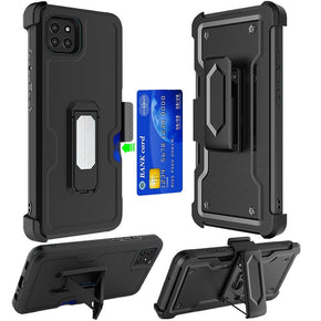 Samsung Galaxy A22 5G 3-in-1 Holster Clip Combo Case (with Card Holder and Magnetic Kickstand) - Black / Black