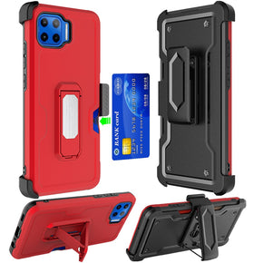 Motorola Moto One 5G / Moto G 5G Plus 3-in-1 Holster Clip Combo Case (w/ Card Holder and Magnetic Kickstand) - Red/ Black