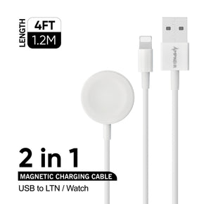 2-in-1 USB to Lightning/Watch Magnetic Charging Cable (4FT) - White