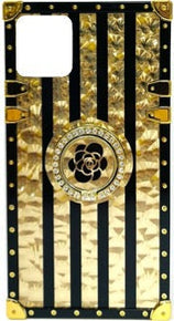 Apple iPhone 12 / 12 Pro (6.1) Pearly Gold Geometric Design Hybrid Case with Bling Ring Stand - #1