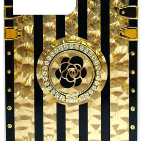 Apple iPhone 13 Pro Max (6.7) Pearly Gold Geometric Design Hybrid Case with Bling Ring Stand - #1