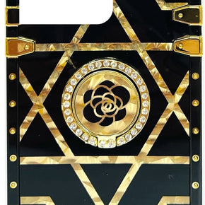 Apple iPhone 13 Pro (6.1) Pearly Gold Geometric Design Hybrid Case with Bling Ring Stand - #3