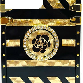Apple iPhone 13 Pro Max (6.7) Pearly Gold Geometric Design Hybrid Case with Bling Ring Stand - #8