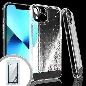 Apple iPhone 13 (6.1) Quicksand Flashing Glitter Transparent Clear Hybrid Case (w/ Metallic Camera Cover) - Black / Stars