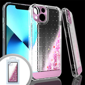 Apple iPhone 13 (6.1) Quicksand Flashing Glitter Transparent Clear Hybrid Case (w/ Metallic Camera Cover) - Rose Gold / Stars