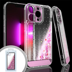 Apple iPhone 13 Pro Max (6.7) Quicksand Flashing Glitter Transparent Clear Hybrid Case (w/ Metallic Camera Cover) - Rose Gold / Stars