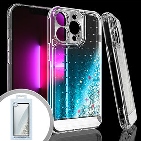 Apple iPhone 13 Pro Max (6.7) Quicksand Flashing Glitter Transparent Clear Hybrid Case (w/ Metallic Camera Cover) - Silver / Stars