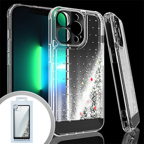 Apple iPhone 13 Pro (6.1) Quicksand Flashing Glitter Transparent Clear Hybrid Case (w/ Metallic Camera Cover) - Black / Stars