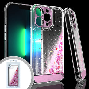 Apple iPhone 13 Pro (6.1) Quicksand Flashing Glitter Transparent Clear Hybrid Case (w/ Metallic Camera Cover) - Rose Gold / Stars