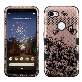 Google Pixel 3a XL TUFF Hybrid Protector Cover - Black Lace Flowers (2D Rose Gold) / Black
