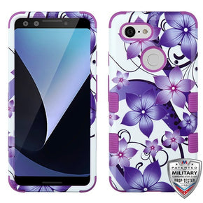 Google Pixel 3 TUFF Hybrid Protector Cover - Purple Hibiscus Flower Romance / Electric Purple