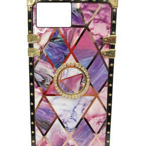 Apple iPhone 13 Pro Max (6.7) Bling Ring Stand Electroplated Design Hybrid Case - Purple Marble