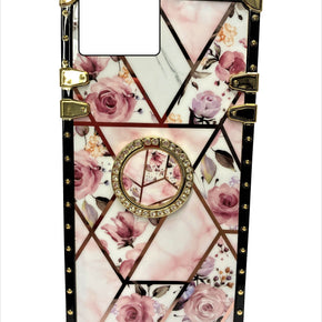 Apple iPhone 13 Pro Max (6.7) Bling Ring Stand Electroplated Design Hybrid Case - Rose Marble