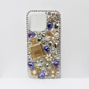 Apple iPhone 13 Pro Max (6.7) Bling Ornaments Diamond Design Case - Flowers & Perfume / Purple & Silver
