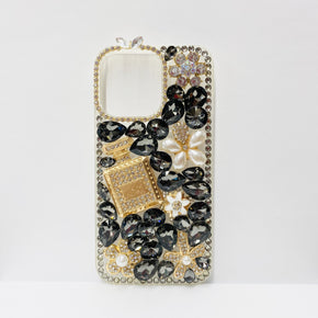 Apple iPhone 13 Pro Max (6.7) Bling Ornaments Diamond Design Case - Flowers & Perfume / Black