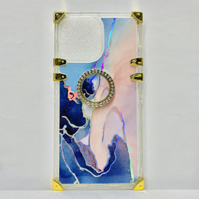 Apple iPhone 11 (6.1) Bling Ring Stand Electroplated Design Hybrid Case - Blue & Pink Marble