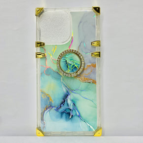 Apple iPhone 13 Pro Max (6.7) Bling Ring Stand Electroplated Design Hybrid Case - Teal Marbling