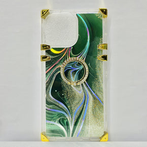 Apple iPhone 11 (6.1) Bling Ring Stand Electroplated Design Hybrid Case - Green Marbling