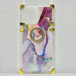 Apple iPhone 13 Pro Max (6.7) Bling Ring Stand Electroplated Design Hybrid Case - Rose Pink & Purple Marbling