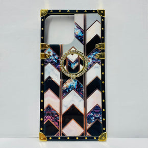 Apple iPhone 13 Pro (6.1) Bling Ring Stand Electroplated Design Hybrid Case - Marbled Chevron