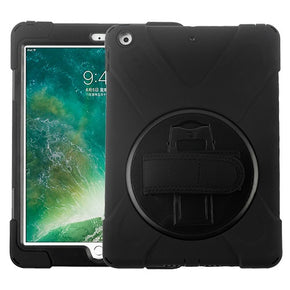 Apple iPad 9.7 (2017)/(2018) Rotatable Stand Protector Cover (with Wristband) - Black / Black