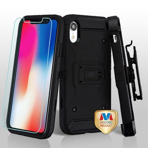 Apple iPhone XR 3-in-1 Kinetic Hybrid Protector Cover (with Holster and Tempered Glass) - Black / Black
