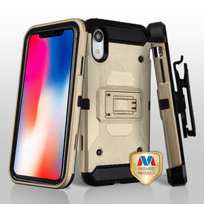Apple iPhone XR 3-in-1 Kinetic Hybrid Protector Cover (with Holster and Tempered Glass) - Gold / Black
