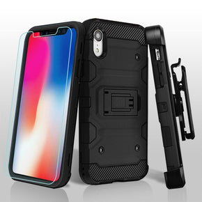 Apple iPhone XR 3-in-1 Storm Tank Hybrid Holster Combo Case with Tempered Glass - Black / Black