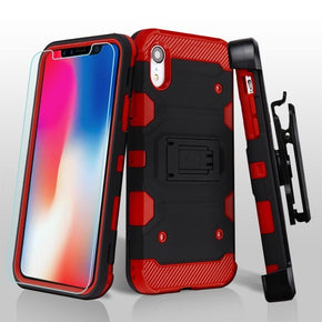 Apple iPhone XR 3-in-1 Storm Tank Hybrid Holster Combo Case with Tempered Glass - Black / Red