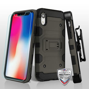 Apple iPhone XR 3-in-1 Storm Tank Hybrid Holster Combo Case with Tempered Glass - Grey / Black