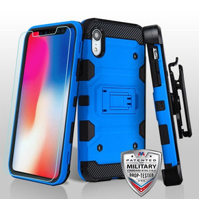 Apple iPhone XR 3-in-1 Storm Tank Hybrid Holster Combo Case with Tempered Glass - Blue / Black