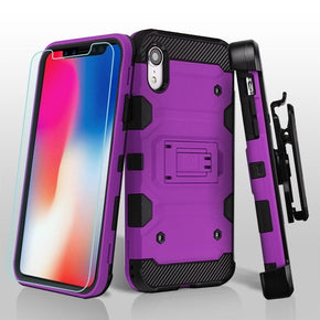 Apple iPhone XR 3-in-1 Storm Tank Hybrid Holster Combo Case with Tempered Glass - Purple / Black