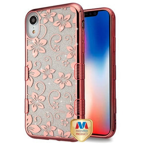Apple iPhone XR TUFF Full Glitter Hybrid Protector Cover -Electroplating Rose Gold Hibiscus Flower / Transparent Clear
