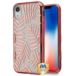 Apple iPhone XR TUFF Full Glitter Hybrid Protector Cover - Dancing Palm Leaves / Rose Gold Electrplating / Transparent Clear
