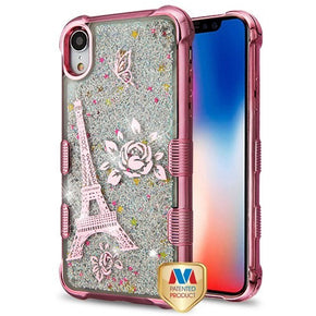 Apple iPhone XR TUFF Quicksand Glitter Lite Hybrid Protector Cover - Rose Gold Electroplating / Eiffel Tower / Silver Flowing Sparkles
