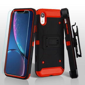 Apple iPhone XR 3-in-1 Kinetic Hybrid Protector Cover (with Holster and Tempered Glass) - Black / Red