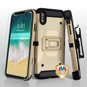 Apple iPhone XS Max 3-in-1 Kinetic Hybrid Protector Cover Combo (with Holster and Tempered Glass) - Gold / Black