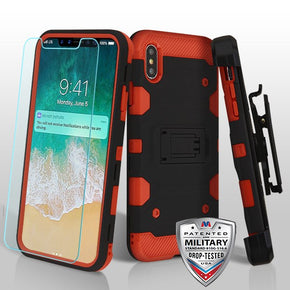 Apple iPhone XS Max 3-in-1 Storm Tank Hybrid Holster Combo Case with Tempered Glass - Black / Red
