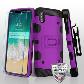 Apple iPhone XS Max 3-in-1 Storm Tank Hybrid Holster Combo Case with Tempered Glass - Purple / Black