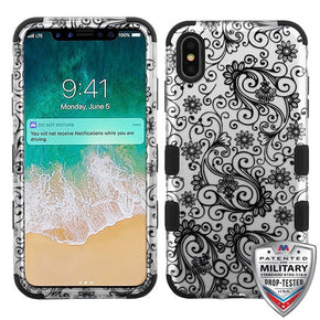 Apple iPhone XS Max TUFF Hybrid Protector Cover - Black Lace Flowers (2D Silver) / Black