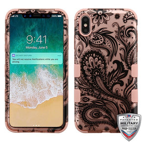Apple iPhone XS Max TUFF Hybrid Protector Cover - Black Phoenix Flower (2D Rose Gold) / Rose Gold