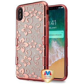 Apple iPhone XS Max Full Glitter TUFF Hybrid Protector Cover - Electroplating Rose Gold Hibiscus Flower (Transparent Clear)