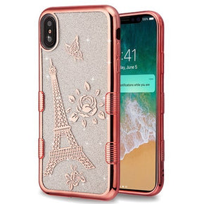 Apple iPhone XS Max Full Glitter TUFF Hybrid Protector Cover - Electroplating Rose Gold Eiffel Tower / Transparent Clear