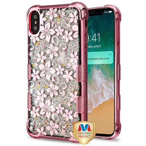 Apple iPhone XS Max TUFF Quicksand Glitter Lite Hybrid Protector Cover - Rose Gold Electroplating/Hibiscus Flower/Silver Flowing Sparkles