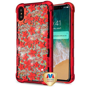 Apple iPhone XS Max TUFF Quicksand Glitter Lite Hybrid Protector Cover - Red Electroplating / Hibiscus Flower w/ Silver Glitter