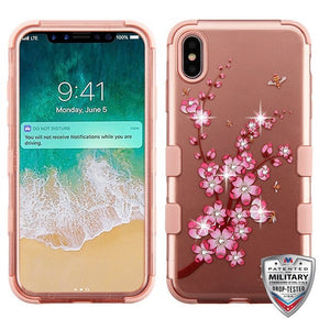 Apple iPhone XS Max TUFF Hybrid Protector Cover (with Diamonds) - Spring Flowers (2D Rose Gold) / Rose Gold