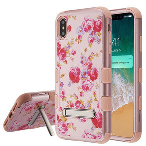 Apple iPhone XS Max TUFF Hybrid Protector Cover (w/ Metal Stand) - Vintage Rose Bush / Textured Rose Gold