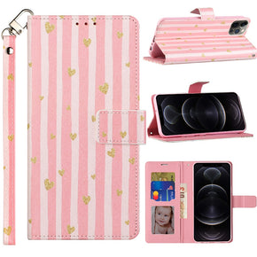 Samsung Galaxy S21 FE Design Leather Wallet Case (w/ Lanyard) - Gold Love & Pink Stripes