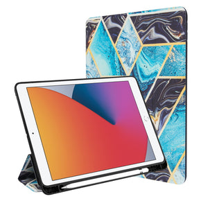 Apple iPad 10.2 (2021) / iPad 10.2 (2020) / iPad 10.2 (2019) Smart Cover Slim Trifold Folio Stand Case - Black & Blue Marbling