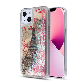 Apple iPhone 13 (6.1) Quicksand Glitter Hybrid Protector Cover - Eiffel Tower & Pink Hearts